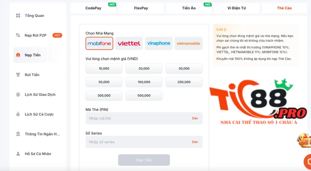 Nạp tiền Tic88 qua thẻ cào điện thoại